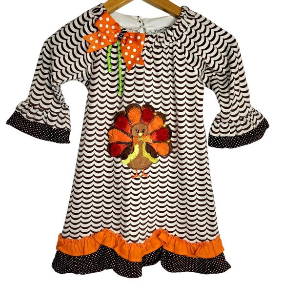 Emily Rose Girls Embellished Turkey Thanksgiving/ Fall Dress Ruffles Bow Vibrant - Picture 1 of 7